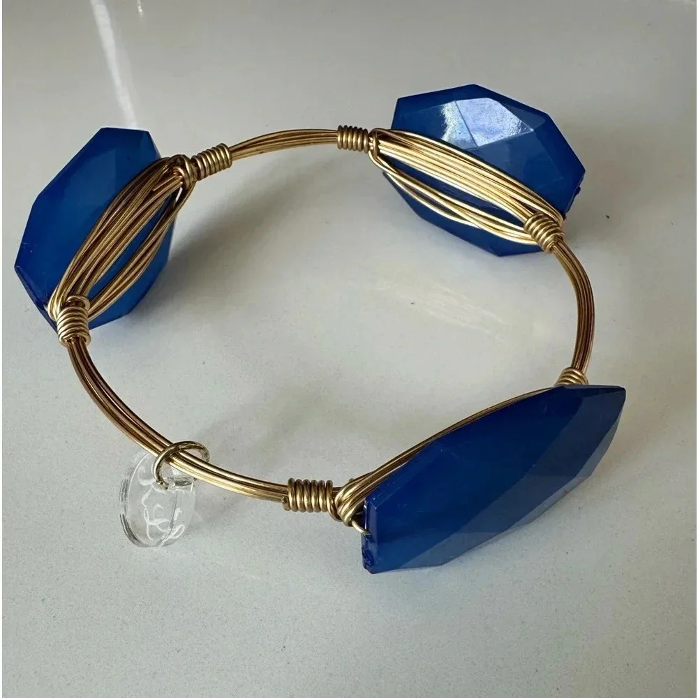 Gold Twisted Wire Blue Bangle Bracelet